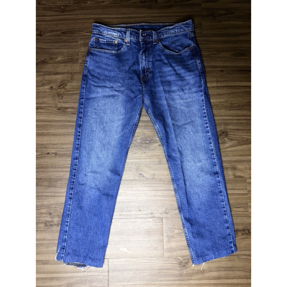 Levi's 505 Regular Fit Jeans W34 L30 Blue Medium Wash Raw Cut Off Hem Denim